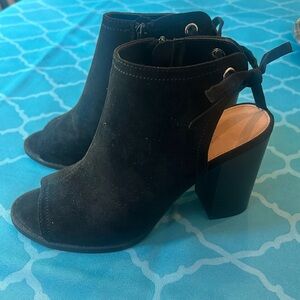 Black suede open toed booties. Size 8.  NWOT. Never worn